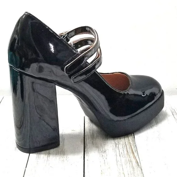 New Black Mary Jane Platform Chunky Heel Pumps - Picture 4 of 4